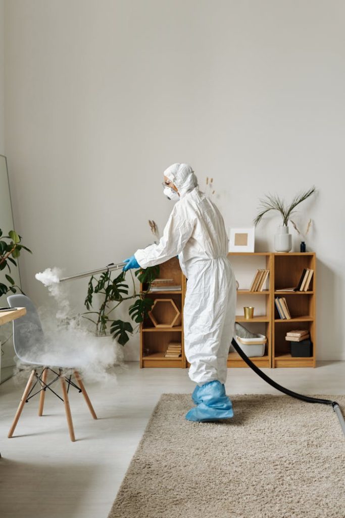 A person in protective suit disinfecting a chair indoors, enhancing hygiene and safety.
